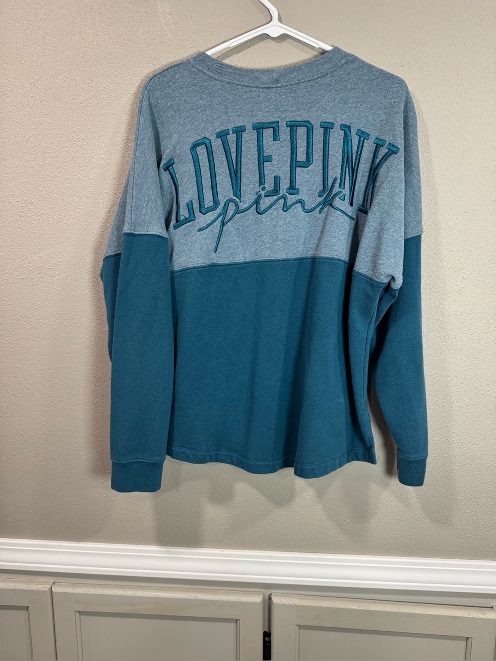 PINK Victoria's Secret Teal and Heather Gray Colorblock Crewneck Sweater